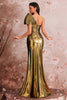 Load image into Gallery viewer, Golden Metallic One Shoulder Mermaid Ruched Long Prom Dress with Slit