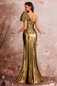 Golden Metallic One Shoulder Mermaid Ruched Long Prom Dress with Slit