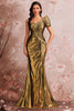 Load image into Gallery viewer, Golden Metallic One Shoulder Mermaid Ruched Long Prom Dress with Slit