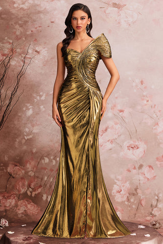 Golden Metallic One Shoulder Mermaid Ruched Long Prom Dress with Slit