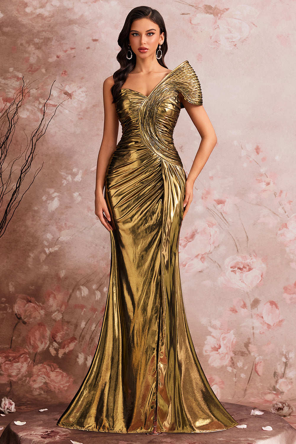 Golden Metallic One Shoulder Mermaid Ruched Long Prom Dress with Slit