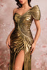 Load image into Gallery viewer, Golden Metallic One Shoulder Mermaid Ruched Long Prom Dress with Slit