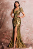 Load image into Gallery viewer, Golden Metallic One Shoulder Mermaid Ruched Long Prom Dress with Slit