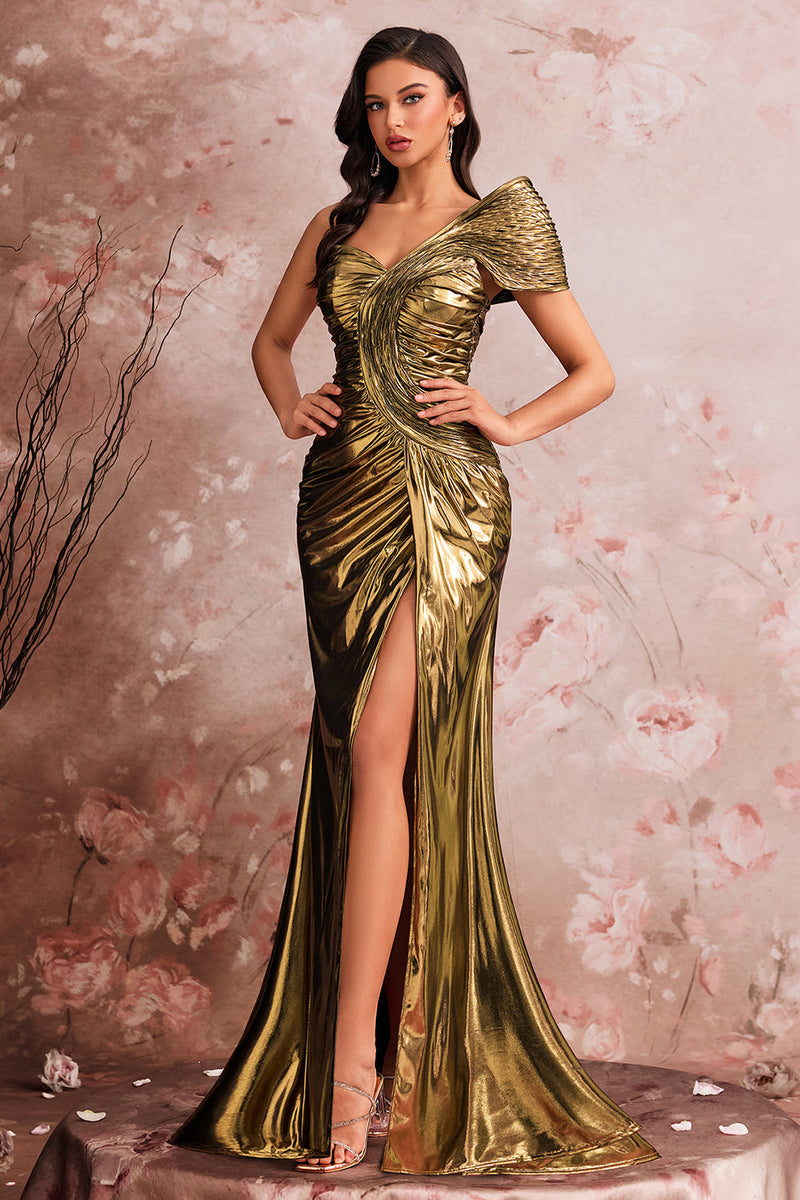 Load image into Gallery viewer, Golden Metallic One Shoulder Mermaid Ruched Long Prom Dress with Slit