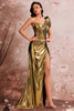 Load image into Gallery viewer, Golden Metallic One Shoulder Mermaid Ruched Long Prom Dress with Slit