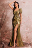 Load image into Gallery viewer, Golden Metallic One Shoulder Mermaid Ruched Long Prom Dress with Slit