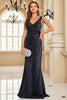Load image into Gallery viewer, Sparkly Black V-Neck Mermaid Ruched Maxi Prom Dress with Beading