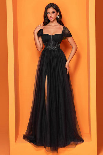 Black Tulle A Line Long Corset Prom Dress with Slit