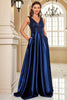 Load image into Gallery viewer, Sparkly Navy Satin V-Neck A Line Long Prom Dress with Beading