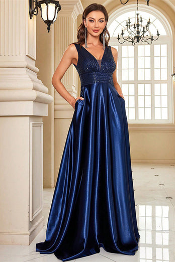 Sparkly Navy Satin V-Neck A Line Long Prom Dress with Beading