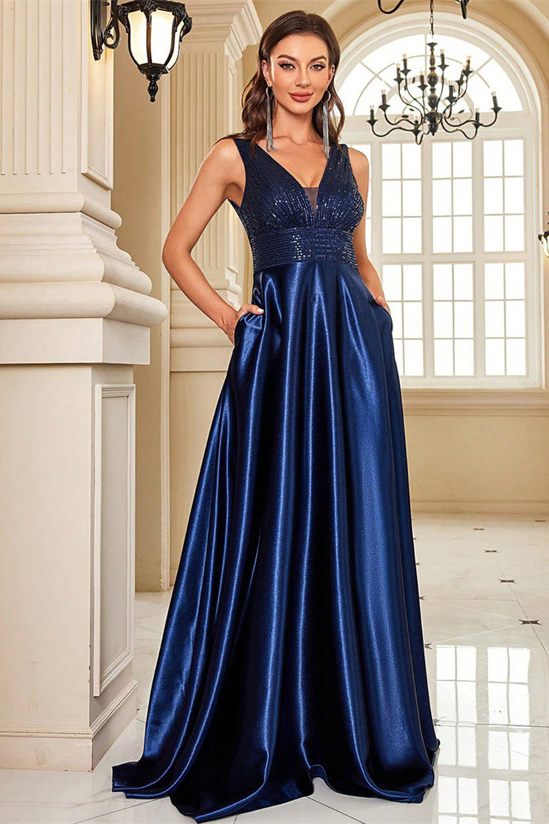 Load image into Gallery viewer, Sparkly Navy Satin V-Neck A Line Long Prom Dress with Beading