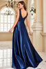 Load image into Gallery viewer, Sparkly Navy Satin V-Neck A Line Long Prom Dress with Beading
