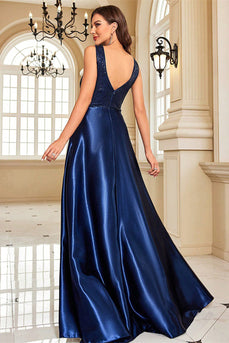 Sparkly Navy Satin V-Neck A Line Long Prom Dress with Beading