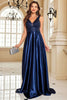 Load image into Gallery viewer, Sparkly Navy Satin V-Neck A Line Long Prom Dress with Beading