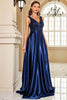 Load image into Gallery viewer, Sparkly Navy Satin V-Neck A Line Long Prom Dress with Beading
