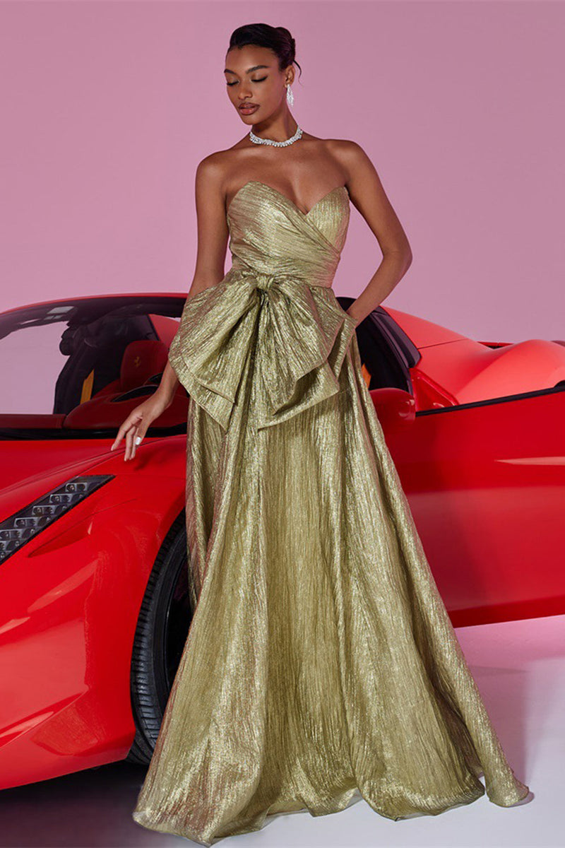 Load image into Gallery viewer, Gold Sweetheart Metallic A Line Long Prom Dress with Bow