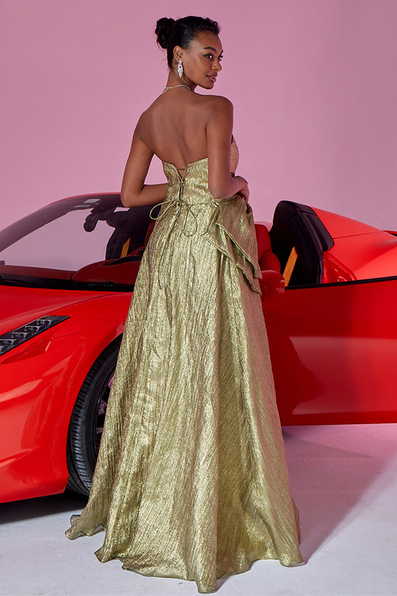 Load image into Gallery viewer, Gold Sweetheart Metallic A Line Long Prom Dress with Bow