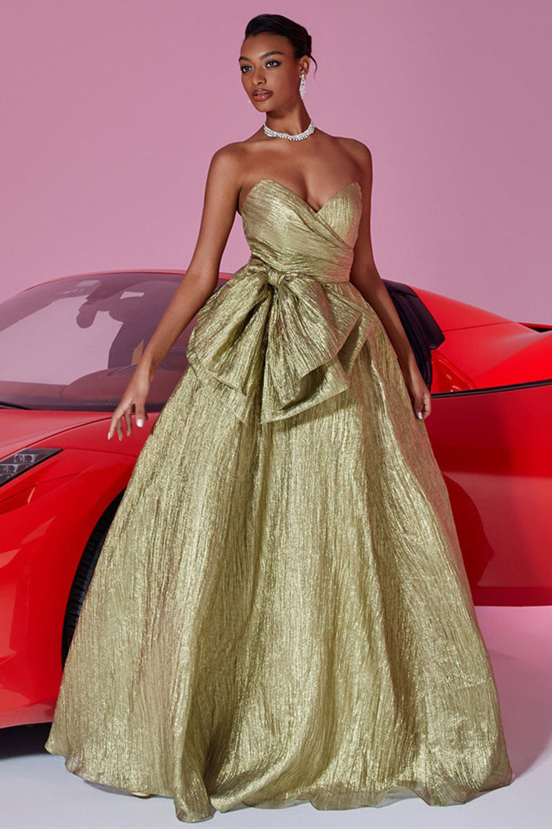 Load image into Gallery viewer, Gold Sweetheart Metallic A Line Long Prom Dress with Bow