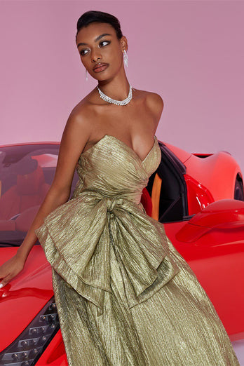 Gold Sweetheart Metallic A Line Long Prom Dress with Bow