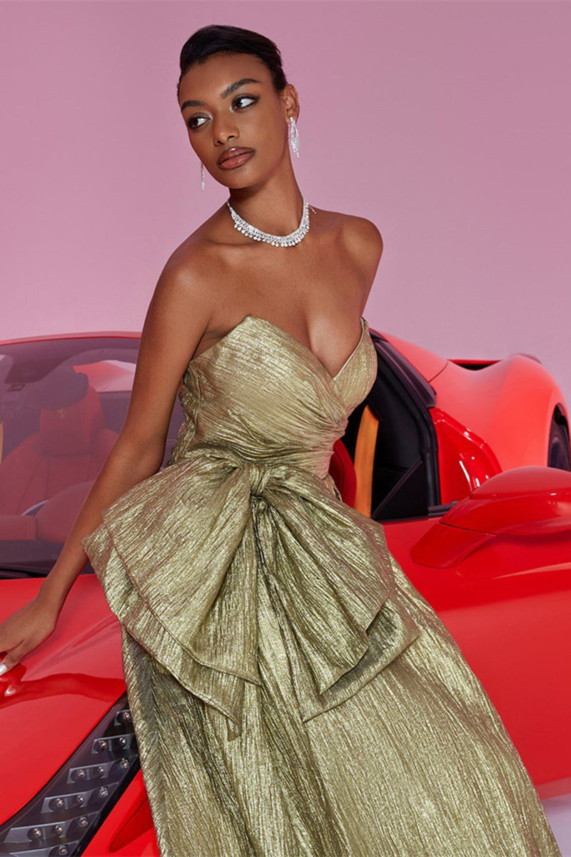 Load image into Gallery viewer, Gold Sweetheart Metallic A Line Long Prom Dress with Bow