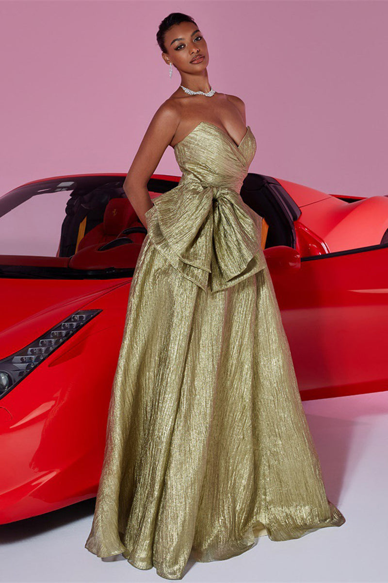 Load image into Gallery viewer, Gold Sweetheart Metallic A Line Long Prom Dress with Bow