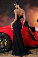 Load image into Gallery viewer, Black Strapless Mermaid Fringed Long Prom Dress with Slit