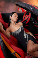 Load image into Gallery viewer, Black Strapless Mermaid Fringed Long Prom Dress with Slit