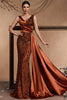 Load image into Gallery viewer, Sparkly Floral Brown V-Neck Mermaid Maxi Mother of the Bride Dress with Side Cape