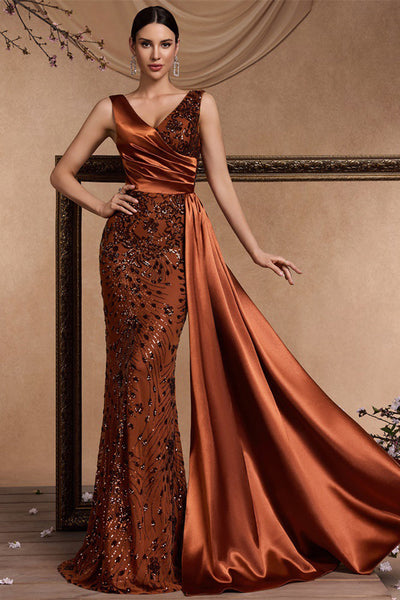 Sparkly Floral Brown V-Neck Mermaid Maxi Mother of the Bride Dress with Side Cape