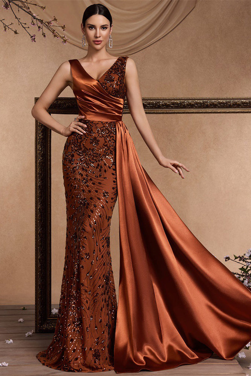 Load image into Gallery viewer, Sparkly Floral Brown V-Neck Mermaid Maxi Mother of the Bride Dress with Side Cape