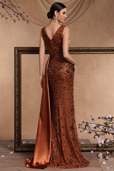 Sparkly Floral Brown V-Neck Mermaid Maxi Mother of the Bride Dress with Side Cape