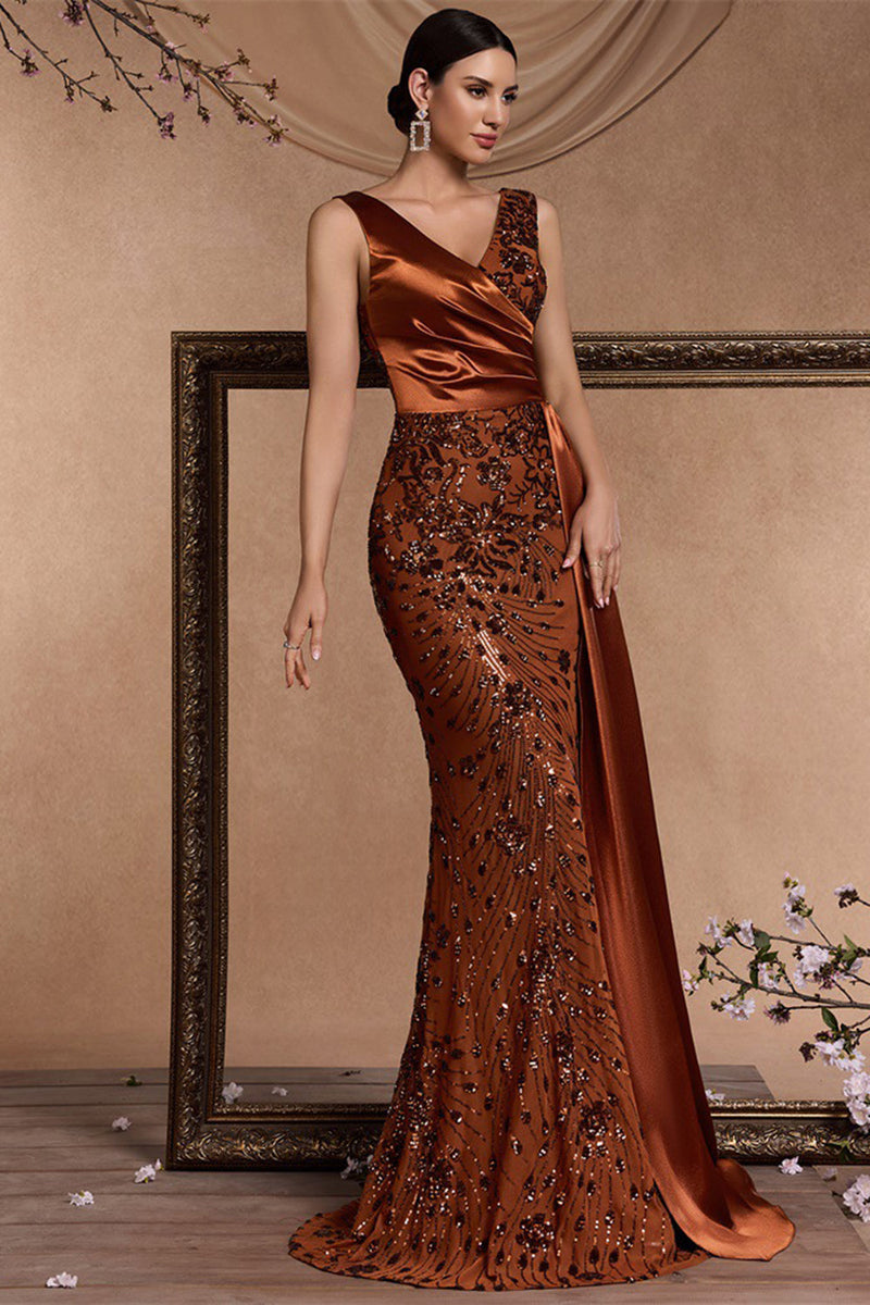 Load image into Gallery viewer, Sparkly Floral Brown V-Neck Mermaid Maxi Mother of the Bride Dress with Side Cape