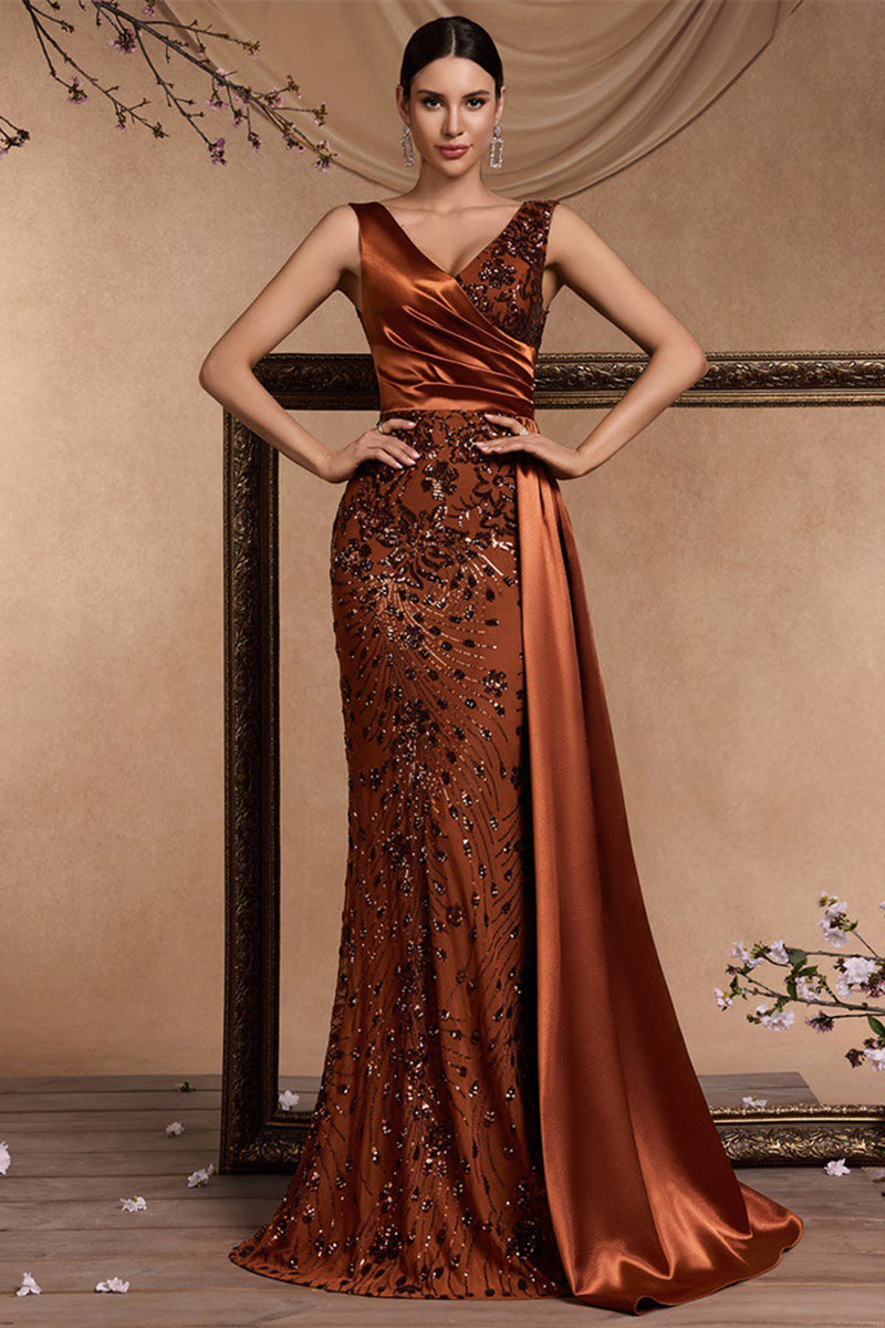 Load image into Gallery viewer, Sparkly Floral Brown V-Neck Mermaid Maxi Mother of the Bride Dress with Side Cape