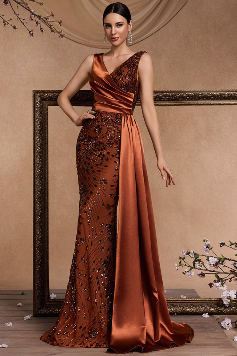 Load image into Gallery viewer, Sparkly Floral Brown V-Neck Mermaid Maxi Mother of the Bride Dress with Side Cape