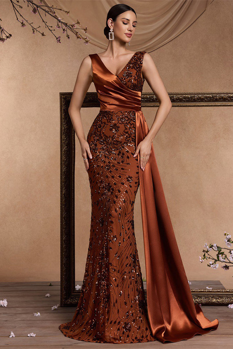 Load image into Gallery viewer, Sparkly Floral Brown V-Neck Mermaid Maxi Mother of the Bride Dress with Side Cape
