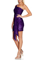 Load image into Gallery viewer, Sparkly Champagne One Shoulder Tight Short Prom Dress with Sash