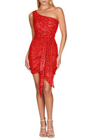 Load image into Gallery viewer, Sparkly Champagne One Shoulder Tight Short Prom Dress with Sash