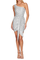 Load image into Gallery viewer, Sparkly Champagne One Shoulder Tight Short Prom Dress with Sash