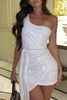 Load image into Gallery viewer, Sparkly Champagne One Shoulder Tight Short Prom Dress with Sash