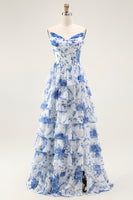 Load image into Gallery viewer, White and Blue Floral Tiered A Line Long Corset Prom Dress with Ruffles