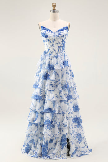 White and Blue Floral Tiered A Line Long Corset Prom Dress with Ruffles