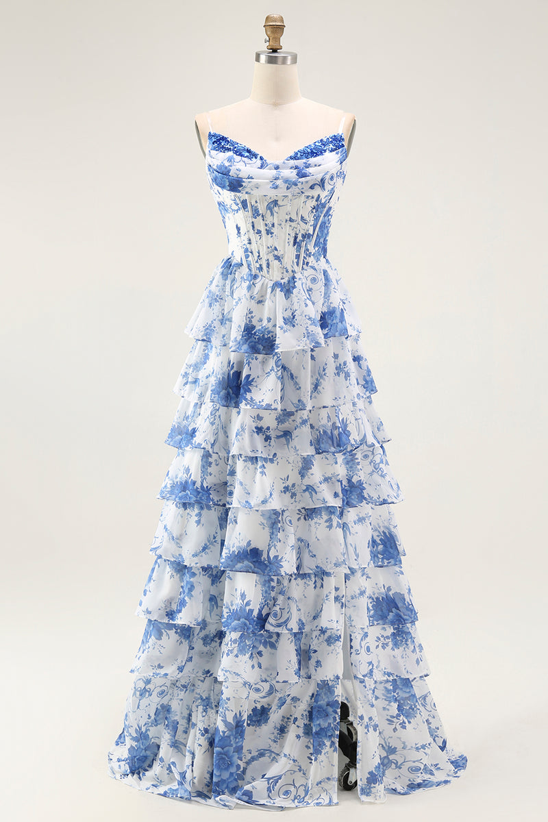 Load image into Gallery viewer, White and Blue Floral Tiered A Line Long Corset Prom Dress with Ruffles