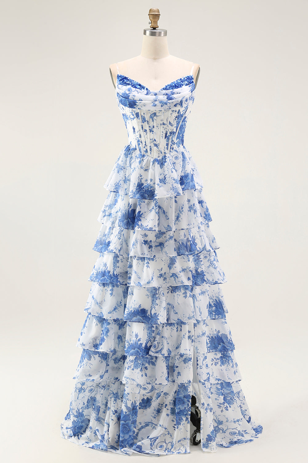 White and Blue Floral Tiered A Line Long Corset Prom Dress with Ruffles