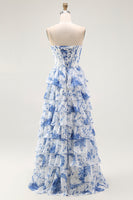 Load image into Gallery viewer, White and Blue Floral Tiered A Line Long Corset Prom Dress with Ruffles