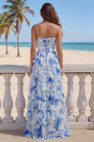Load image into Gallery viewer, White and Blue Floral Tiered A Line Long Corset Prom Dress with Ruffles
