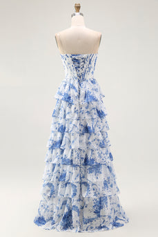 White and Blue Floral Tiered A Line Long Corset Prom Dress with Ruffles