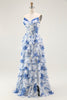 Load image into Gallery viewer, White and Blue Floral Tiered A Line Long Corset Prom Dress with Ruffles