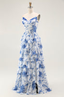 Load image into Gallery viewer, White and Blue Floral Tiered A Line Long Corset Prom Dress with Ruffles