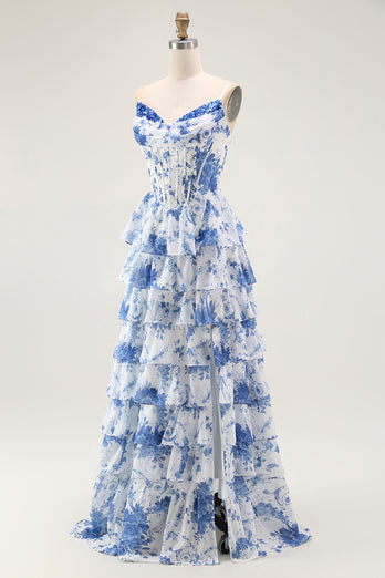 White and Blue Floral Tiered A Line Long Corset Prom Dress with Ruffles