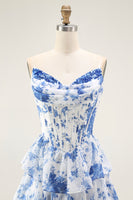 Load image into Gallery viewer, White and Blue Floral Tiered A Line Long Corset Prom Dress with Ruffles
